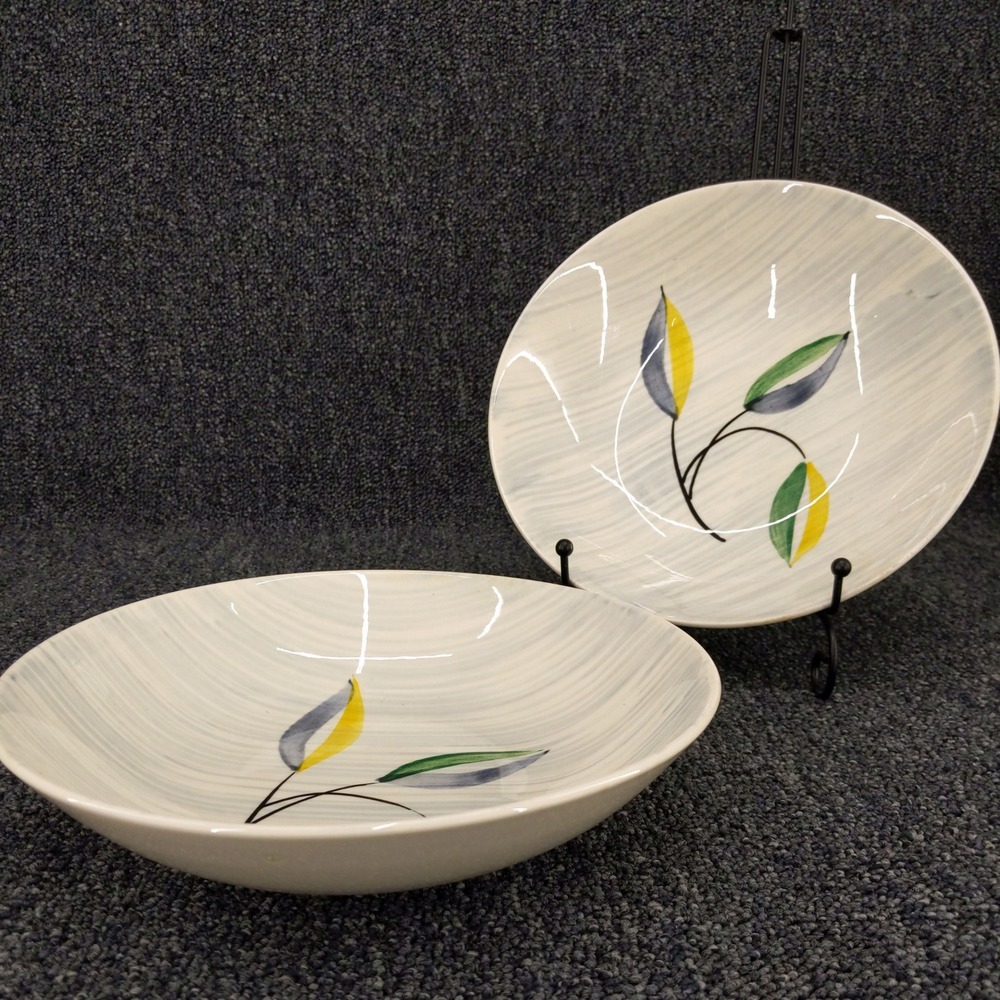 vtg 1950s Stetson‎ Serving Bowls Set of 2 Gray Hand Painted Leaf 9" MCM 1954